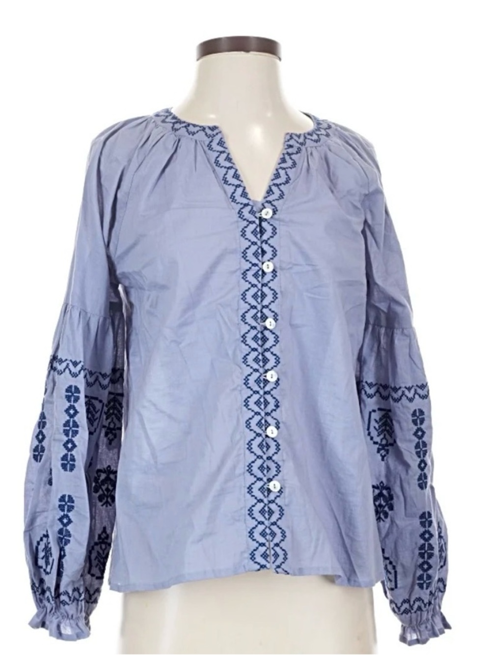 Nicole Miller Light Blue Button-Front Embroidered Peasant Top